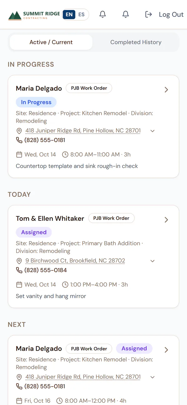 Field app on a phone listing a demo crew member’s jobs in progress and scheduled for today, with addresses and phone numbers.