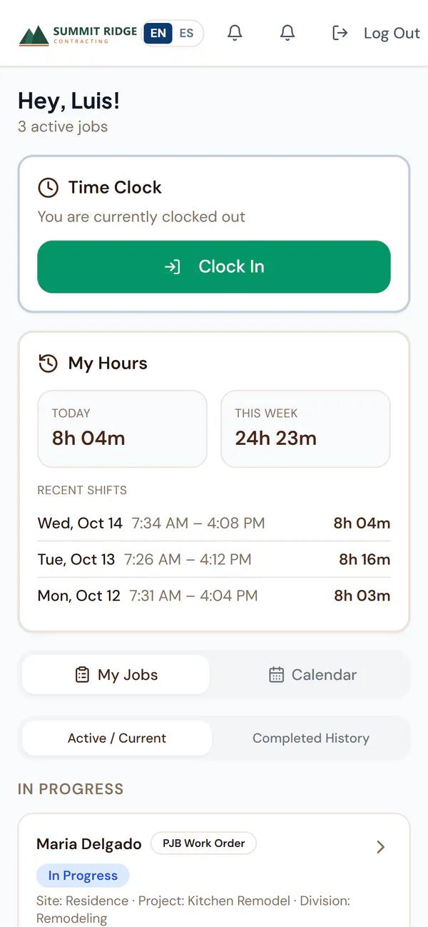 Field app on a phone showing a demo crew member’s time clock and hours for today and this week.