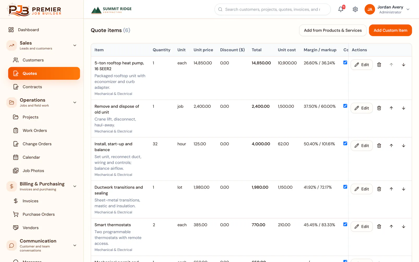 Quote builder in Premier Job Builder showing line items for a demo HVAC job with quantity, price, cost and margin on each line.