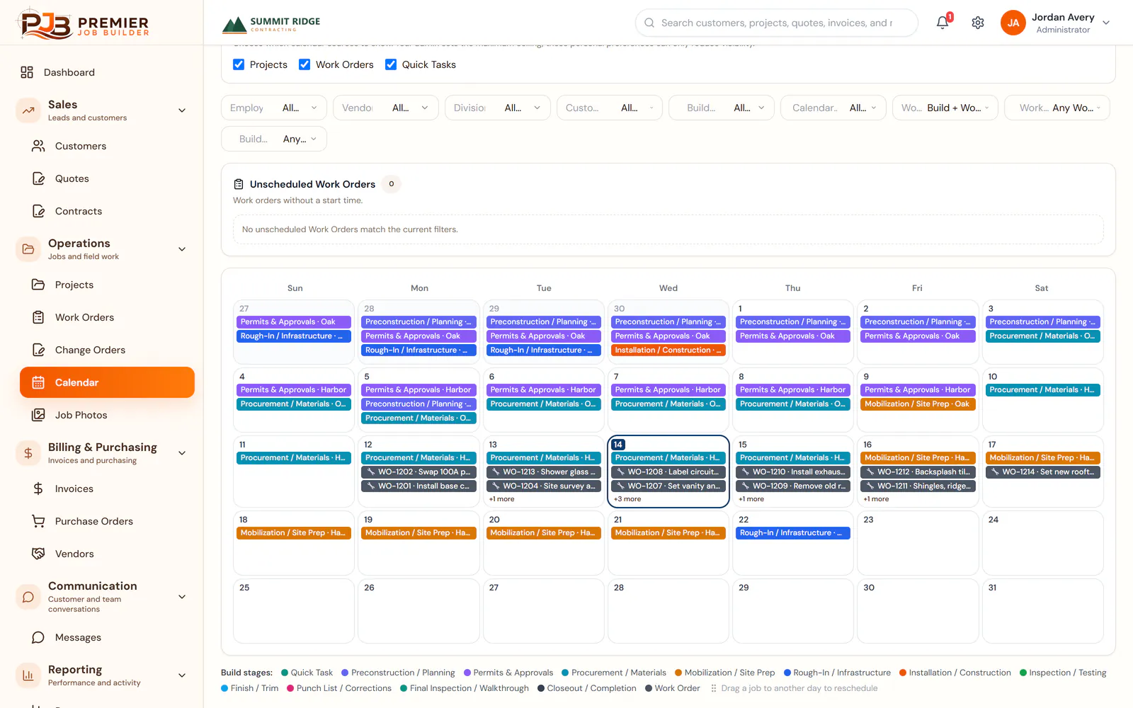 Month calendar in Premier Job Builder with color-coded project phases and work orders for a demo company.